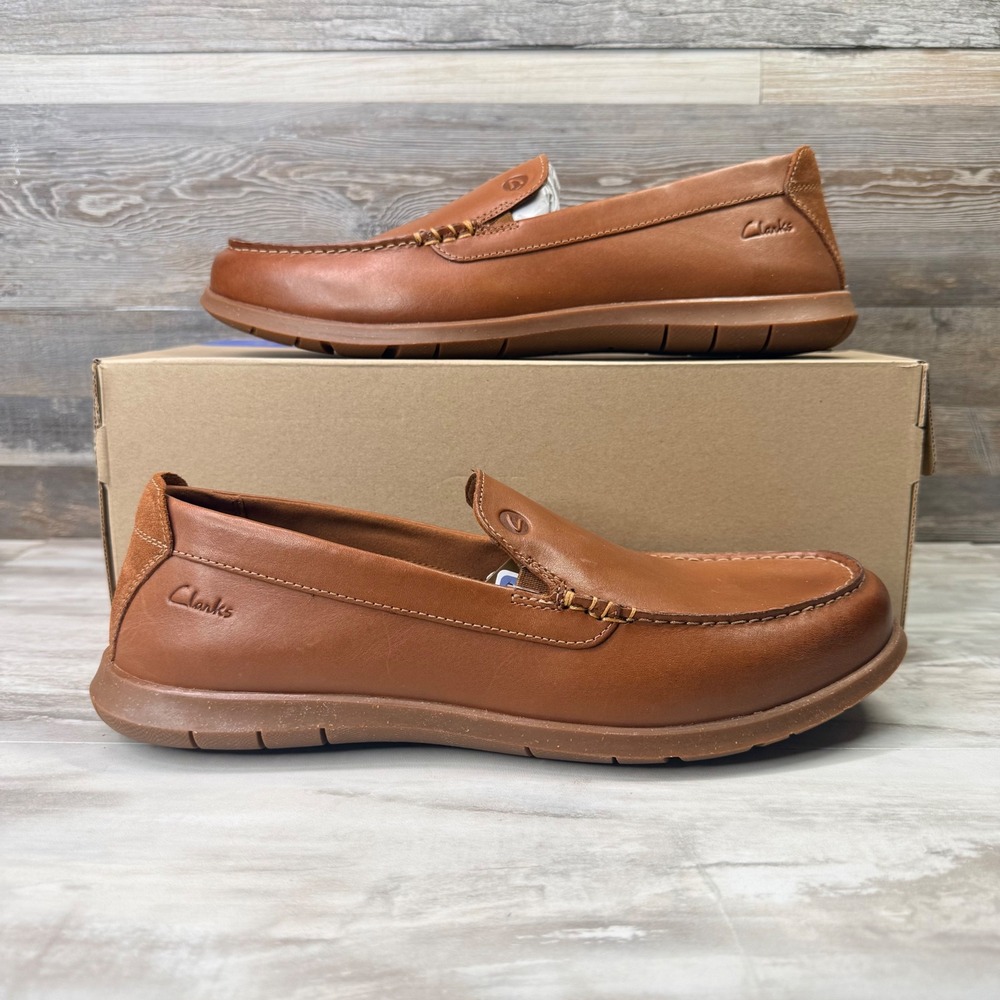 Clarks Flexway Step Mens Size 9.5 M Tan Leather Slip On Loafers 26181976